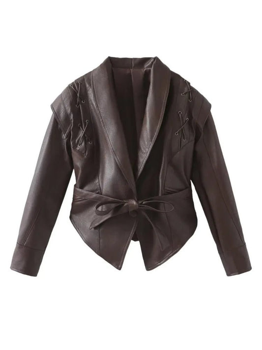 Women’s Leather Jacket – Tailored Fit – Shawl Collar – Waist Tie – Lace-Up Shoulders