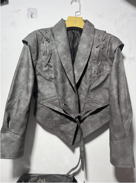 Women’s Leather Jacket – Tailored Fit – Shawl Collar – Waist Tie – Lace-Up Shoulders