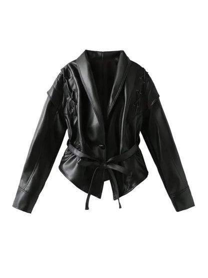 Women’s Leather Jacket – Tailored Fit – Shawl Collar – Waist Tie – Lace-Up Shoulders