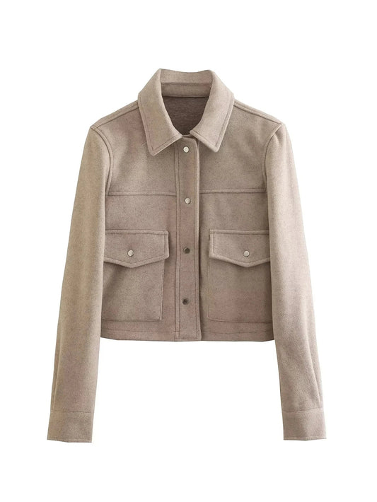 Women’s Cropped Jacket – Wool Blend – Tailored Fit – Button Front – Utility Pockets