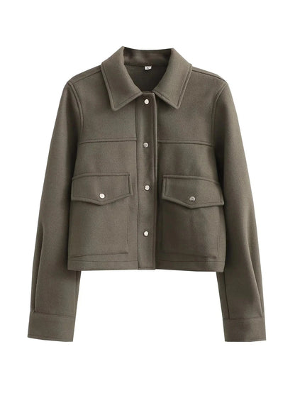 Women’s Cropped Jacket – Wool Blend – Tailored Fit – Button Front – Utility Pockets