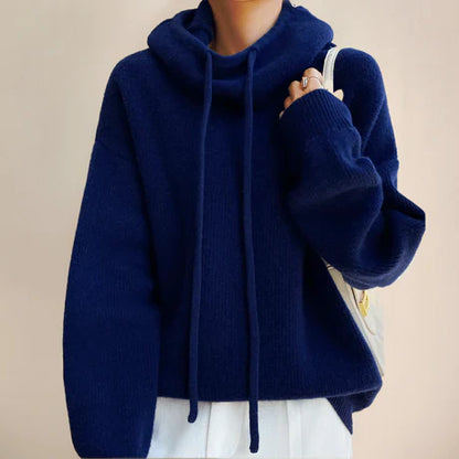 Women’s Pullover Sweater – Relaxed Fit – Cowl Neck with Drawstrings – Ribbed Trim