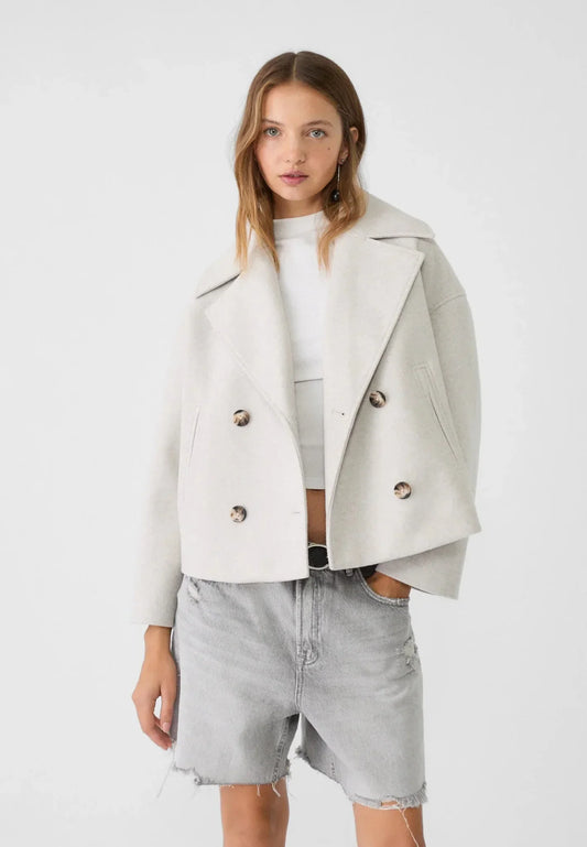 Women’s Double-Breasted Jacket – Wool Look – Oversized Fit – Cropped Structured Style