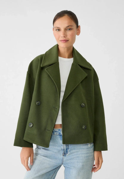 Women’s Double-Breasted Jacket – Wool Look – Oversized Fit – Cropped Structured Style