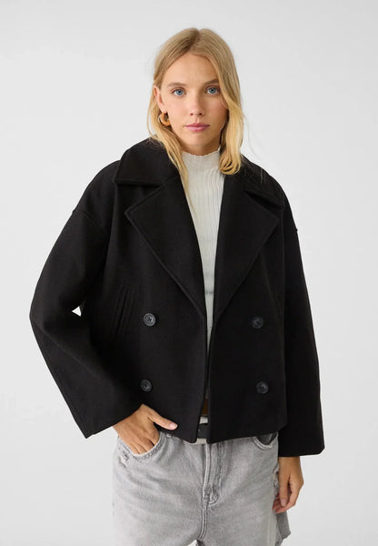 Women’s Double-Breasted Jacket – Wool Look – Oversized Fit – Cropped Structured Style