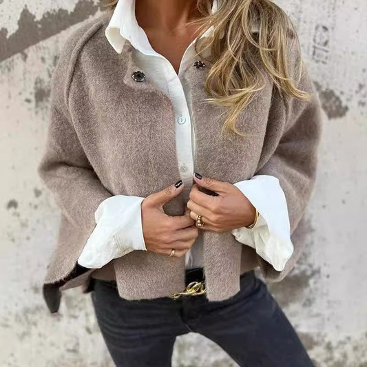 Women’s Short Coat – Oversized Fit – Soft Knit – Collarless Open Front – Long Sleeve