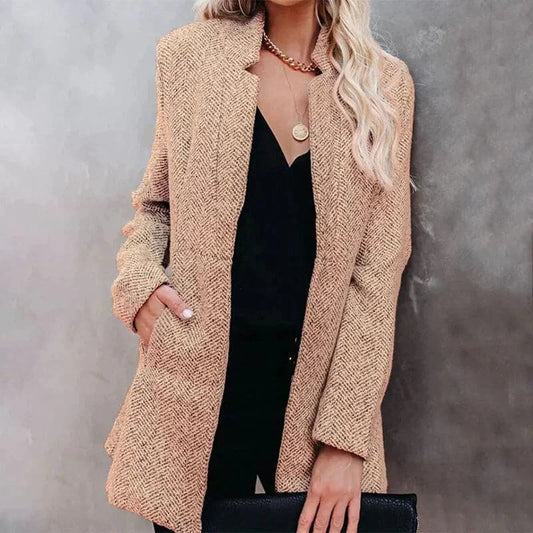 Women’s Blazer – Tailored Fit – Textured Wool Blend – Open Front – Long Sleeve
